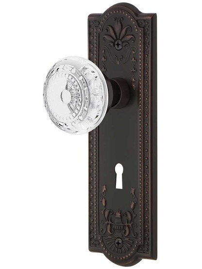 Meadows Door Set with Keyhole and Matching Crystal-Glass Knobs in Timeless Bronze.